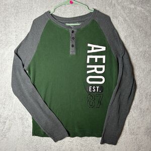 Y2K Style Men’s Aeropostale Waffle Knit Long Sleeve Green And Grey Size Xl